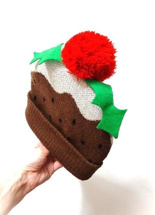 Cotton traders коричнева шапка зима/демі подвійна червоний помпон+зелені листочки на дівчинку 18-24м3 фото