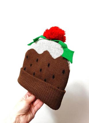 Cotton traders коричнева шапка зима/демі подвійна червоний помпон+зелені листочки на дівчинку 18-24м6 фото
