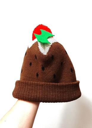 Cotton traders коричнева шапка зима/демі подвійна червоний помпон+зелені листочки на дівчинку 18-24м7 фото