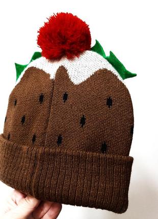 Cotton traders коричнева шапка зима/демі подвійна червоний помпон+зелені листочки на дівчинку 18-24м5 фото