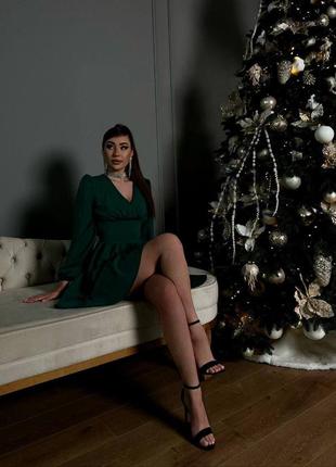 Сукня плаття зелене смарагдове новорічне з v вирізом корсет осина талія обʼємні рукава святкове вечірнє новорічне1 фото