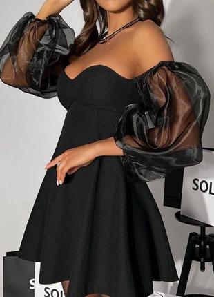 Платье черное вечернее бельё новогоднее с объемными рукавами из полупрозрачной ткани фонарики с открытыми плечами