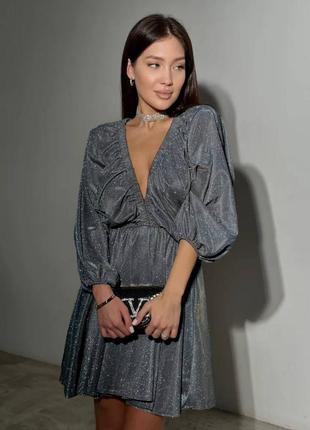 Сукня міні з довгими об'ємним рукавами приталена на резинці з рясною спідницею плаття коротка срібна блискуча вечірня стильна чорна сіра2 фото