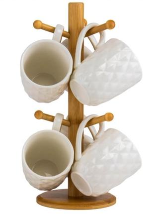 Набір кружок з бамбуковою підставкою "біле марево", 250 мл