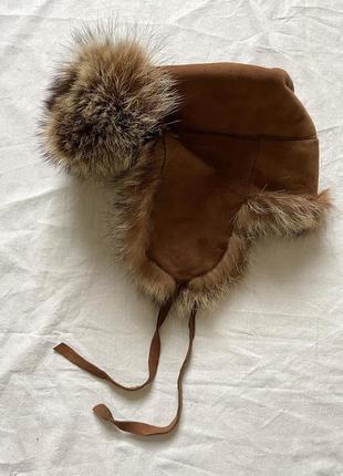 Винтажная кожаная шапка с натуральным мехом1 фото