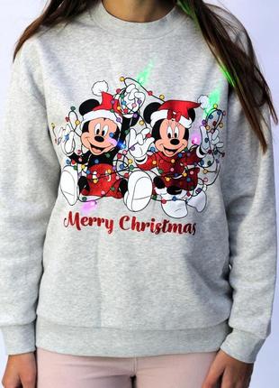 Новорічний / різдвяний світшот толстовка на флісі з гірляндою міккі маус сірого кольору светр