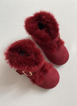 Замшеві бордові чоботи/черевики з хутром на дівчинку 21-22 розмір
