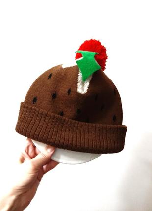 Cotton traders коричнева шапка зима/демі подвійна червоний помпон + зелені листочки на дівчинку 2-7р4 фото