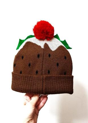 Cotton traders коричнева шапка зима/демі подвійна червоний помпон + зелені листочки на дівчинку 2-7р6 фото