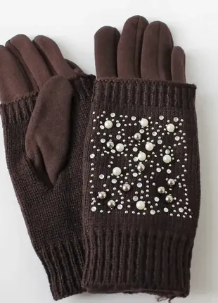 Жіночі теплі рукавички з в'язкою коричневі2 фото