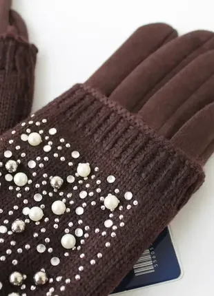 Жіночі теплі рукавички з в'язкою коричневі3 фото
