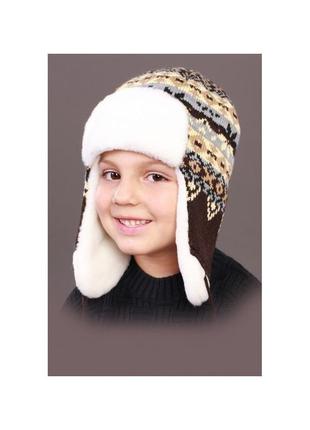 Шапка-ушанка с помпоном теплая шапочка без козырька с широкими ушками и рисунком с отворотом зимняя