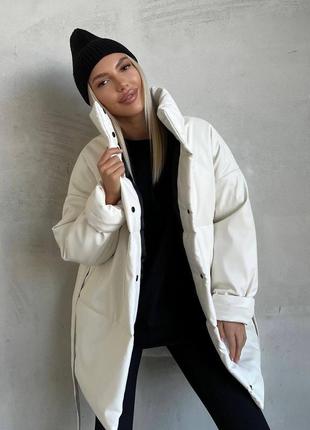 2 цвета! утепленная куртка из экокожи, зимняя куртка из искусственной кожи на синтепоне 250, с карманами, без капюшона, с поясом1 фото