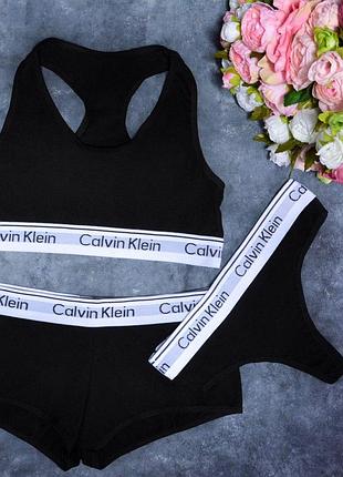 Набір calvin klein 3в1 (топ, стрінги, шортики) чорний та червоний!