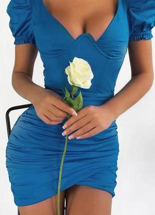 Платье голубое синее в складку oh polly в стиле зара zara корсетное вечернее брендовое4 фото