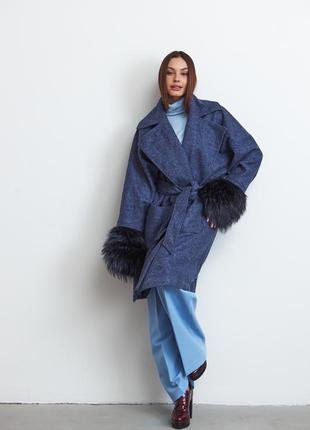 Пальто эксклюзив италия с мехом финской чернобурки saga furs шикарная ткань! оверсайз6 фото