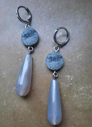 Дизайнерские серьги серебряные швензы натуральные камни агата и халцедон9 фото