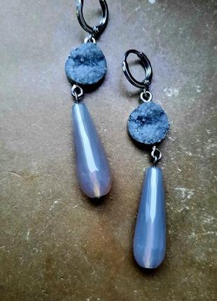 Дизайнерские серьги серебряные швензы натуральные камни агата и халцедон2 фото