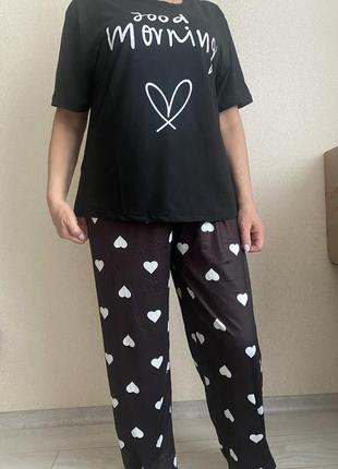 Пижама женская футболка и штаны черные сердечки 48-52р1 фото