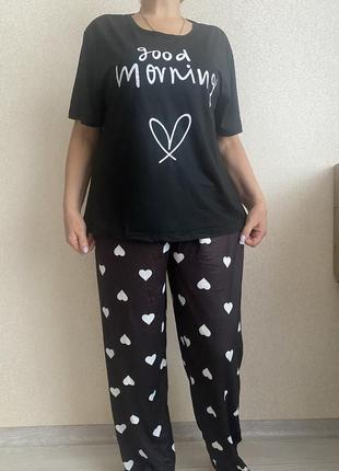 Пижама женская футболка и штаны черные сердечки 48-52р2 фото