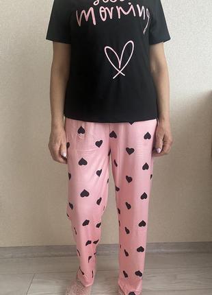 Женская пижама футболка и штаны коралл сердечки 54-58р