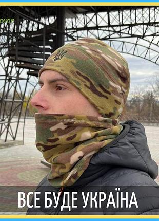 Kr комплект баф + шапка тактические военные зимние на флисе, армейский теплый с липучкой под шеврон олива
