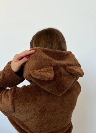 Махровий халат на запах з капюшоном з вушками ведмедика з поясом з кішенями5 фото