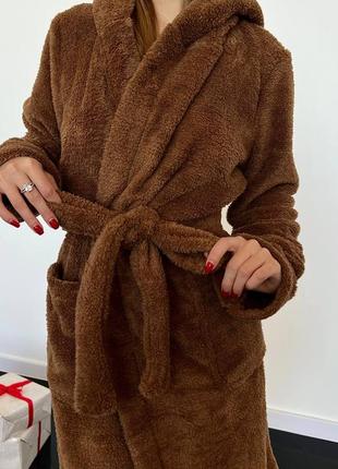 Махровий халат на запах з капюшоном з вушками ведмедика з поясом з кішенями3 фото