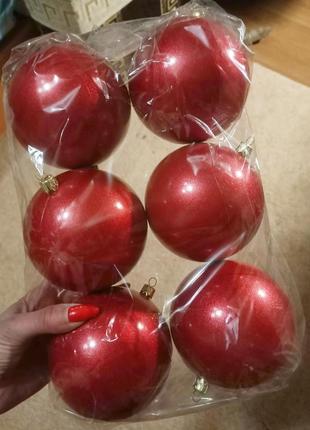 Елочные шары красные с блестками 6 шт 10 см (пакет 6 шаров)