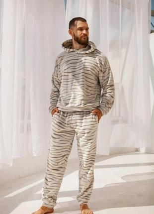 Бежевая теплая мужская плюшевая пижама 46-48, 50-52 размер2 фото