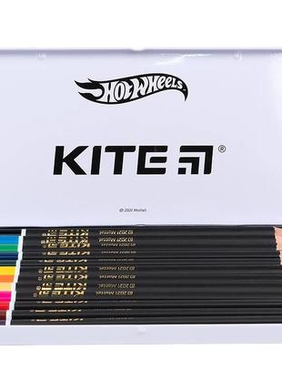 Олівці кольорові тригранні kite hot wheels hw21-058, 12 кольорів, металевий пенал (4063276086297)3 фото