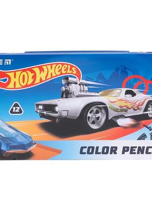 Карандаши цветные трёхгранные kite hot wheels hw21-058, 12 цветов, металлический пенал (4063276086297)