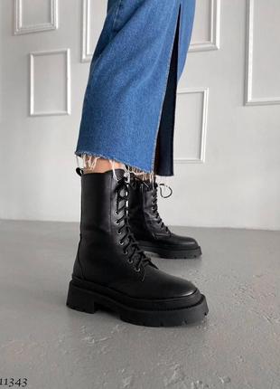 Черные натуральные кожаные зимние ботинки на шнурках шнуровке толстой подошве кожа зима2 фото