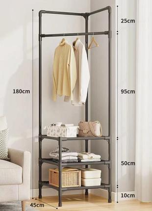 Кутова вішалка для підлоги corner coat rack 180х45х45 см стійка для речей з штангою для вішаків та полицею2 фото