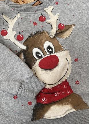 Різдвяний светр 86 розмір (12-18 міс) з оленем новорічний утеплений на флісі сірий для хлопчика для дівчинки2 фото