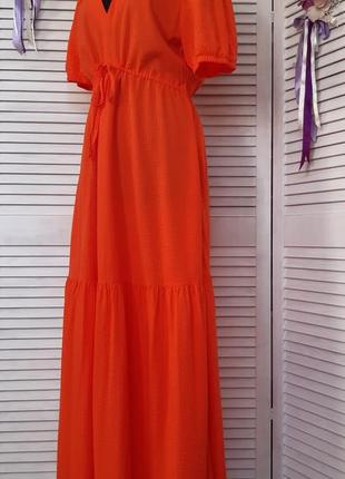 Гарне плаття міді, сарафан у текстурну смужку гарбузового відтінку mango7 фото