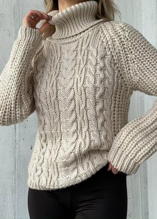 4 кольори! класичний теплий светр об’ємної в‘язки косичка, з високою горловиною, базовий, білий, сірий, бежевий, коричневий4 фото