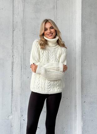 4 кольори! класичний теплий светр об’ємної в‘язки косичка, з високою горловиною, базовий, білий, сірий, бежевий, коричневий4 фото