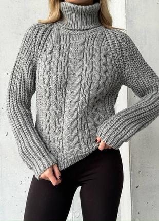 4 кольори! класичний теплий светр об’ємної в‘язки косичка, з високою горловиною, базовий, білий, сірий, бежевий, коричневий9 фото