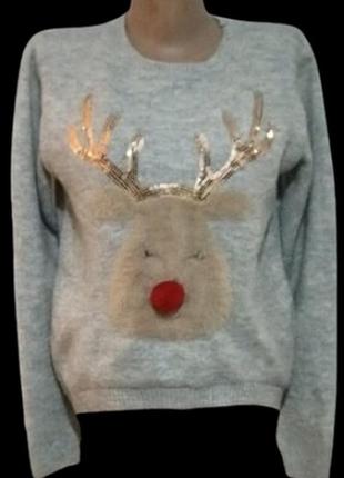 Новогодний свитер с объёмной аппликацией оленя и гирляндами что мигают primark (англия)10 фото