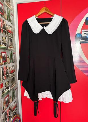 Сукня чорна стильна модна коротка з довгим рукавом з білим коміром 2024 тренд міні красива зимова осіння весняна8 фото