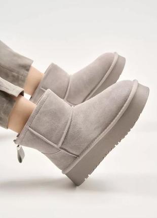 Угги натуральные серого цвета на толстой подошве lonza