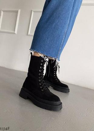 Черные натуральные замшевые зимние ботинки на шнурках шнуровке толстой подошве зима замш2 фото