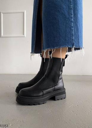 Черные натуральные кожаные зимние ботинки челси с резинками на резинках толстой подошве зима кожа2 фото