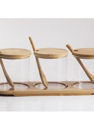 Набор банок viva bamboo 350 мл с ложками на бамбуковой подставке 3 шт