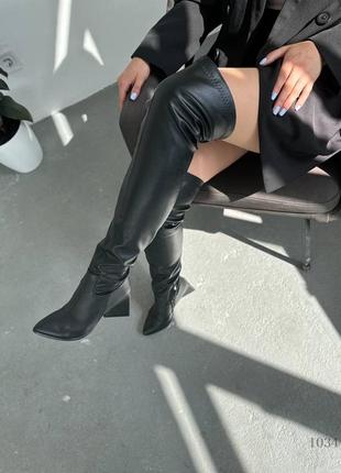 Женские ботфорты на каблуке черные кожаные на байке демисезонные10 фото