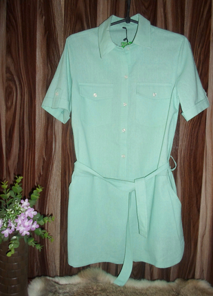 Льняные женские удлиненные рубашки -туники с карманами яблочно-мятного цвета ,лен с,м,л