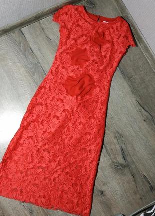 Красное длинное платье по фигуре с гипюром1 фото