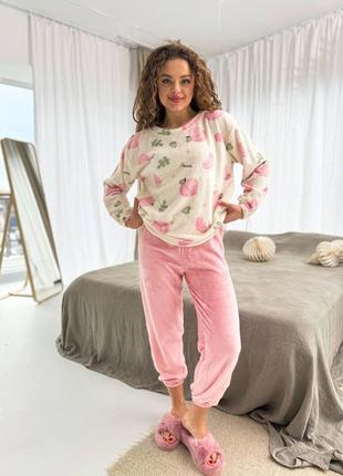 Невероятная пижамка 💗 розовая пижама с персиками 💗 махровая пижама 💗 одежда для дома8 фото