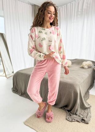 Невероятная пижамка 💗 розовая пижама с персиками 💗 махровая пижама 💗 одежда для дома9 фото
